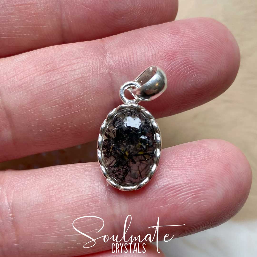 Soulmate Crystals Tourmalinated Quartz Polished Crystal Pendant Oval Sterling Silver, Black Tourmaline in opaque or Clear Quartz Crystal for Balance, Yin Yang, Work-Life Balance, Grounding, Serenity, Pendant, Jewellery, Jewelry, Wearable Crystal Jewellery.