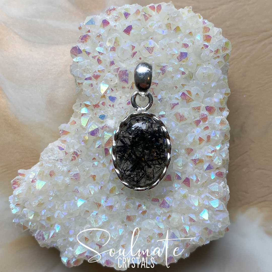 Soulmate Crystals Tourmalinated Quartz Polished Crystal Pendant Oval Sterling Silver, Black Tourmaline in opaque or Clear Quartz Crystal for Balance, Yin Yang, Work-Life Balance, Grounding, Serenity, Pendant, Jewellery, Jewelry, Wearable Crystal Jewellery.