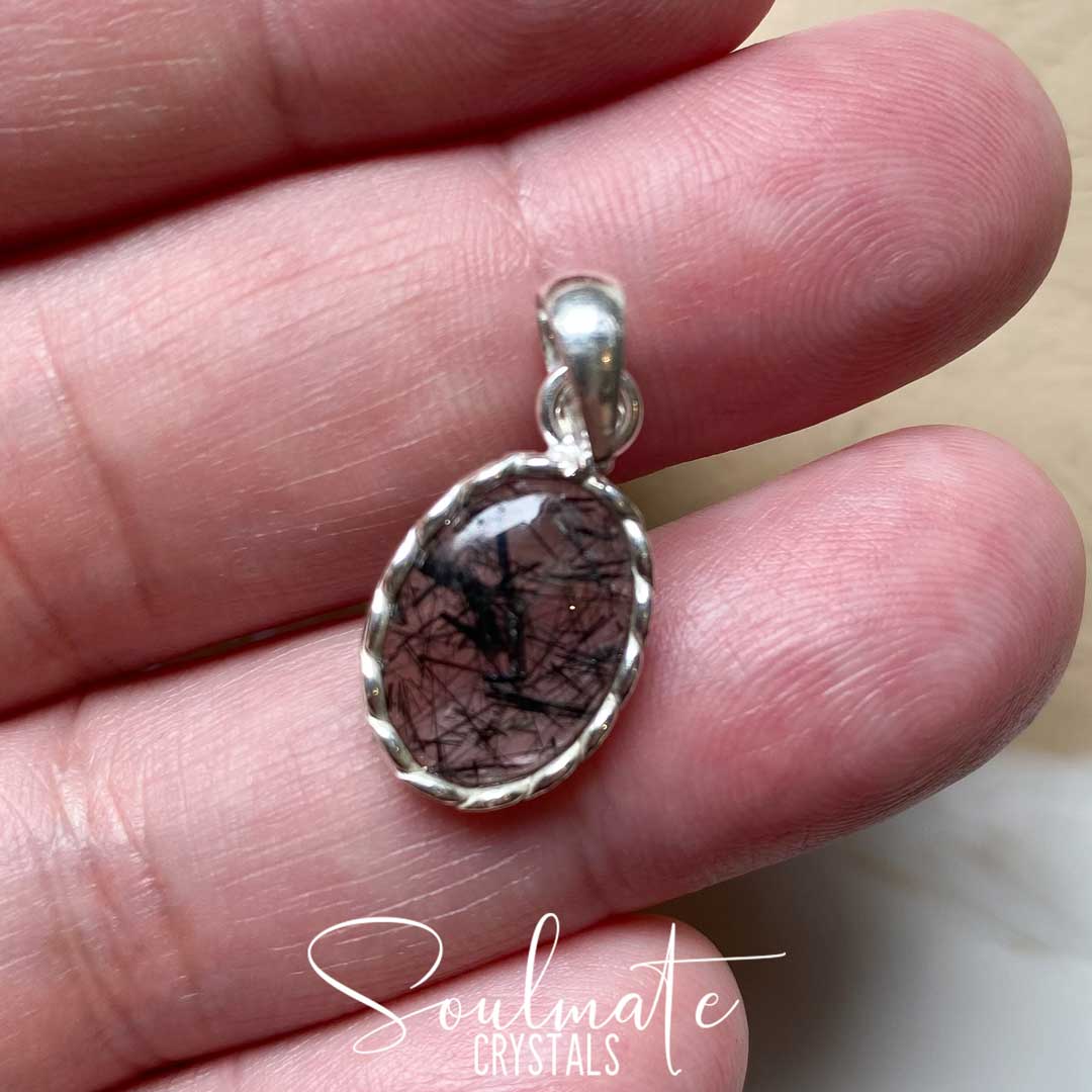 Soulmate Crystals Tourmalinated Quartz Polished Crystal Pendant Oval Sterling Silver, Black Tourmaline in opaque or Clear Quartz Crystal for Balance, Yin Yang, Work-Life Balance, Grounding, Serenity, Pendant, Jewellery, Jewelry, Wearable Crystal Jewellery.