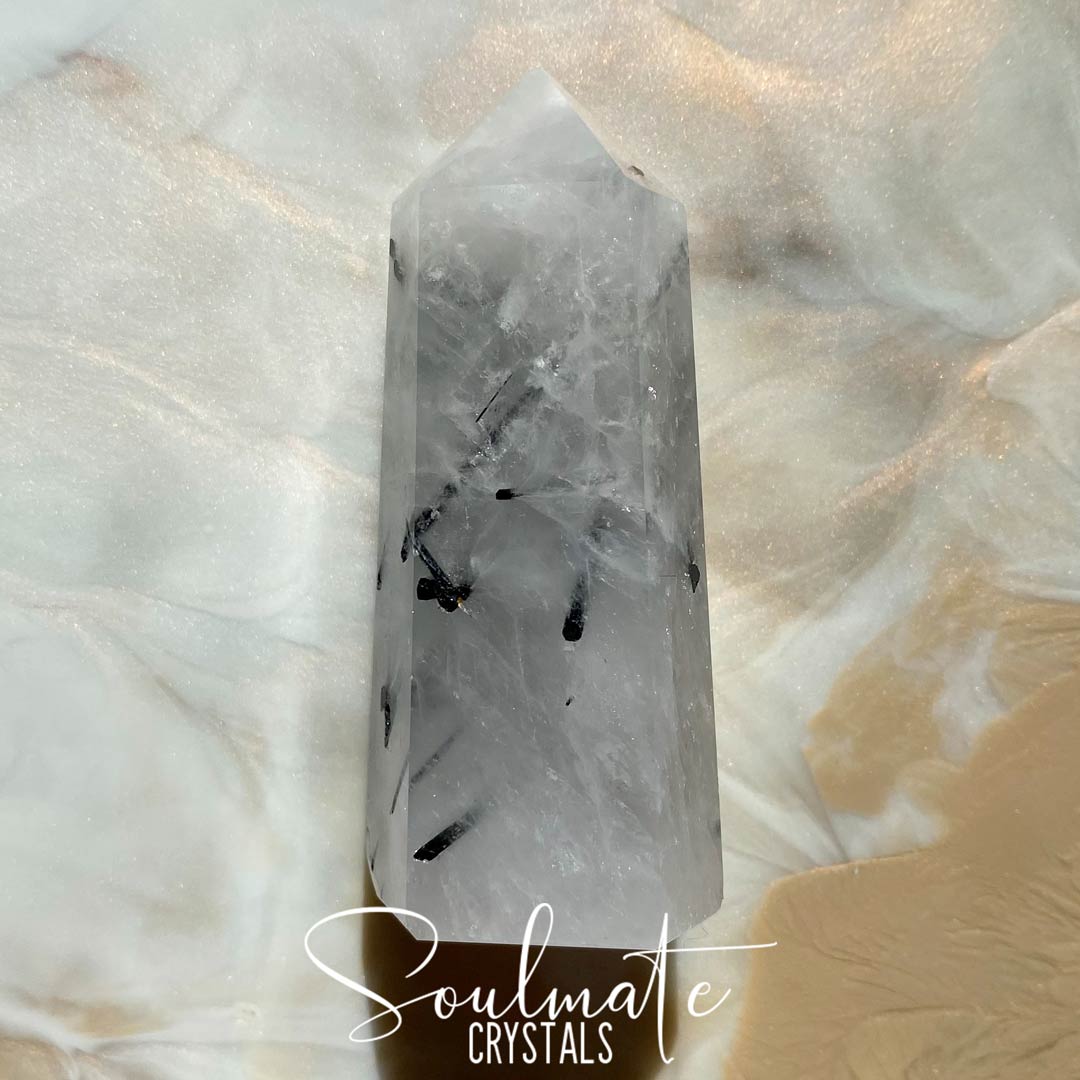 Soulmate Crystals Tourmalinated Quartz Polished Crystal Point, Black Tourmaline in opaque or Clear Quartz Crystal for Balance