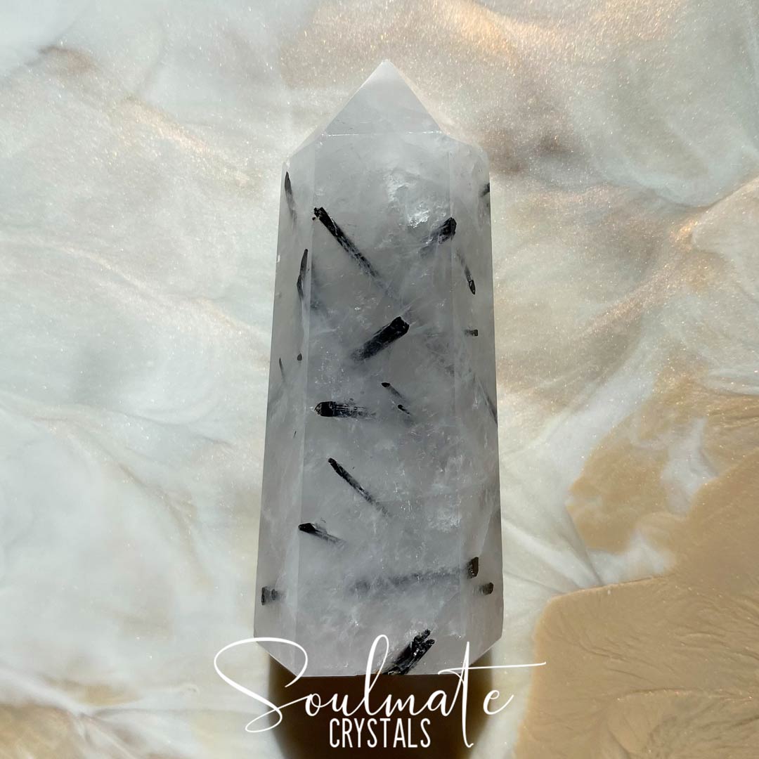 Soulmate Crystals Tourmalinated Quartz Polished Crystal Point, Black Tourmaline in opaque or Clear Quartz Crystal for Balance