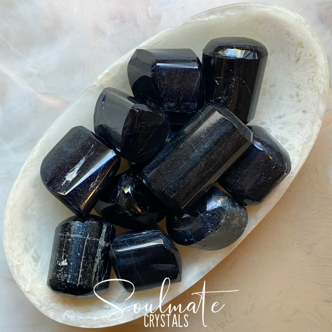Soulmate Crystals Black Tourmaline Tumbled Stone Hand-Polished, Black Crystal for EMF Protection, Grounding, Restoration and Shield Negativity