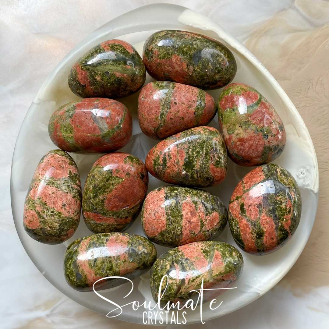 Soulmate Crystals Unakite Tumbled Stone, Combination Pink Green Crystal for Unity, Emotional Wellbeing, Abundance, Luck.