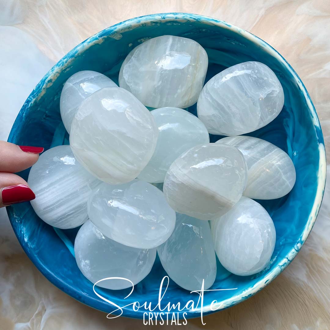 Soulmate Crystals Onyx White Banded Polished Crystal Pebble, White Semi-translucent Crystal Pebble for Spiritual Awareness, Intuition, Clarity, Spiritual Development.