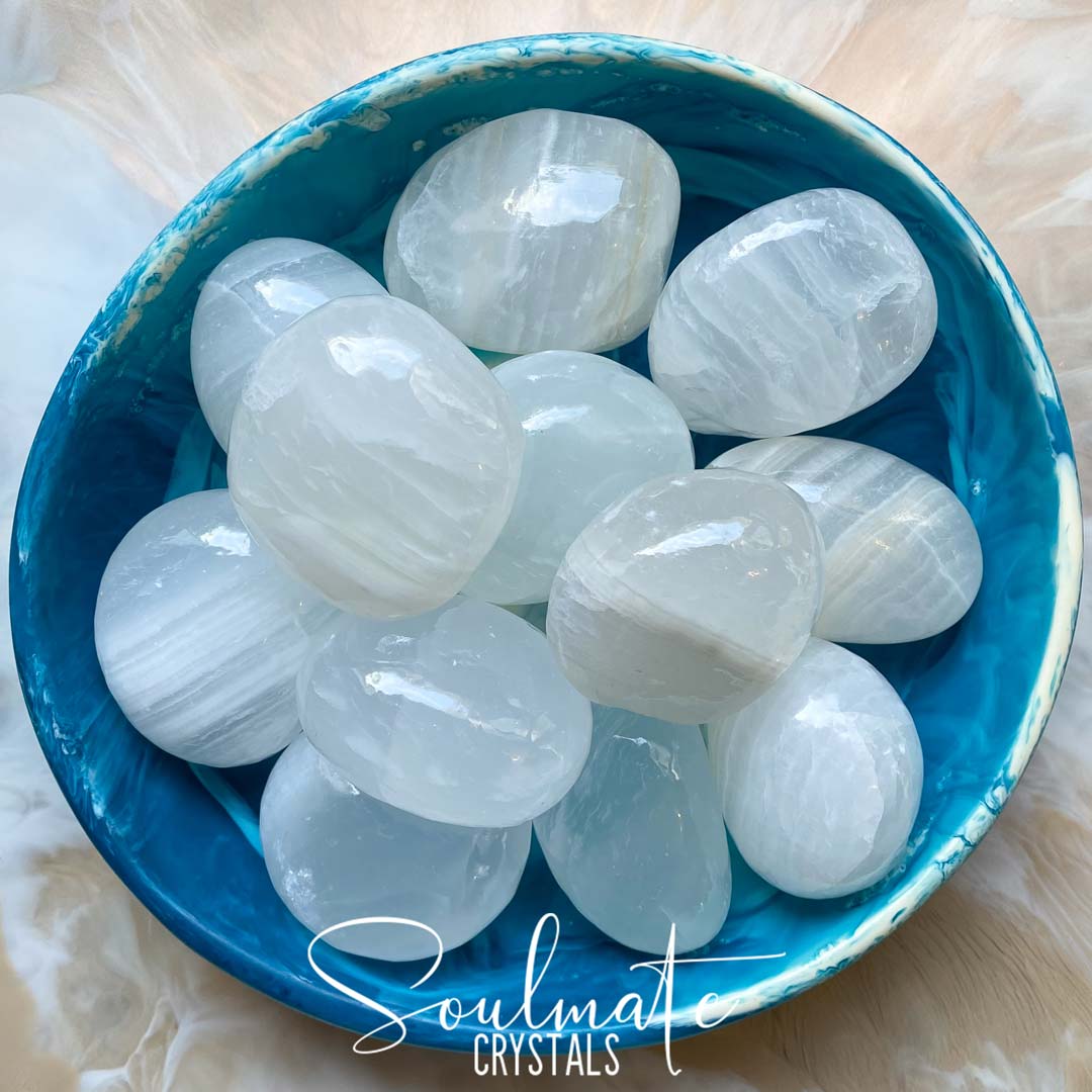 Soulmate Crystals Onyx White Banded Polished Crystal Pebble, White Semi-translucent Crystal Pebble for Spiritual Awareness, Intuition, Clarity, Spiritual Development.