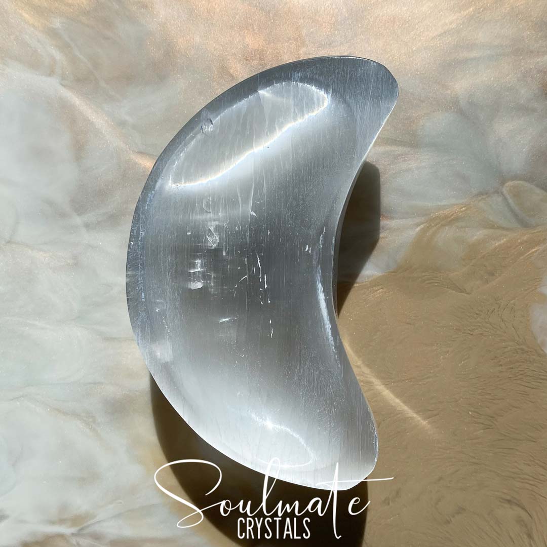 Soulmate Crystals White Selenite Polished Crescent Moon Bowl, White Gypsum Crystal Bowl for Energetic Cleansing