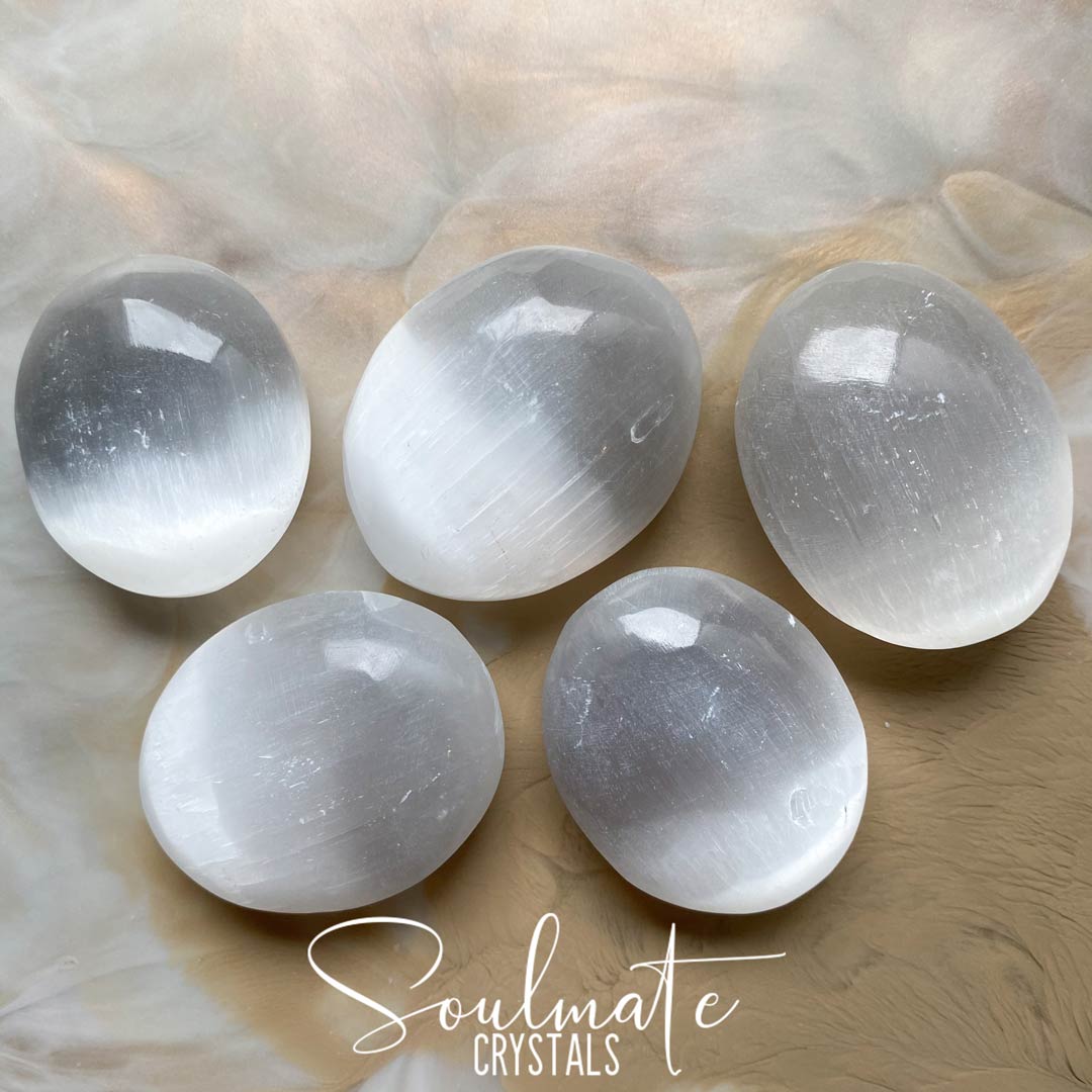 Soulmate Crystals White Selenite Polished Palm Stone, White Gypsum Crystal Oval Etched Stone for Energetic Cleansing