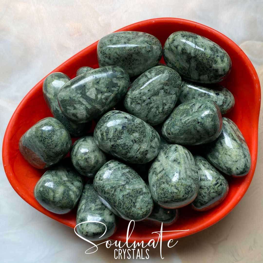 Soulmate Crystals Writing Stone Green Tumbled Stone, Rice Grain Shaped Pattern in Green Crystal for Creativity, Alignment, Expansion, Goals, Studying, Writing.